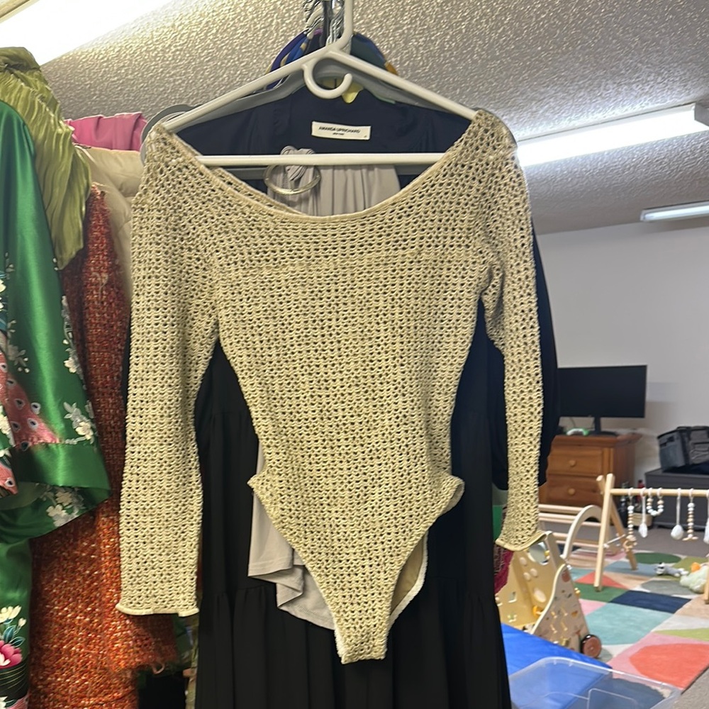 90s Cream crochet Knit Long Sleeve Bodysuit lined tube top down